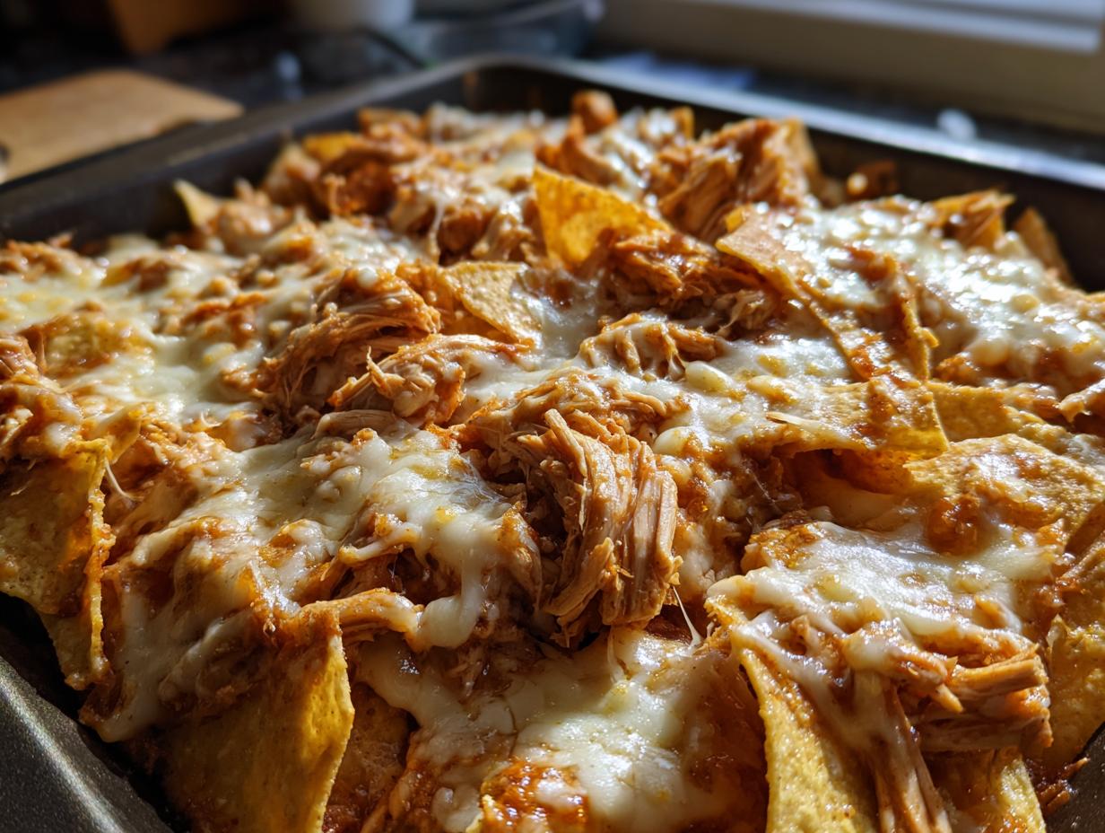Close-up of melted cheese generously topping shredded chicken and tortilla chips in a baking dish, showcasing delicious crockpot chicken nachos.