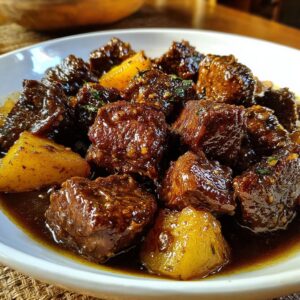 Close-up of tender Crockpot Garlic Butter Beef Bites with chunks of golden potatoes in a rich, glossy sauce.