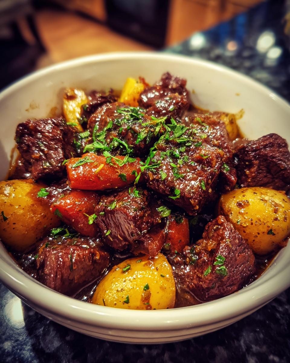 Close-up of Crockpot Garlic Butter Beef Bites with Potatoes, garnished with fresh parsley.