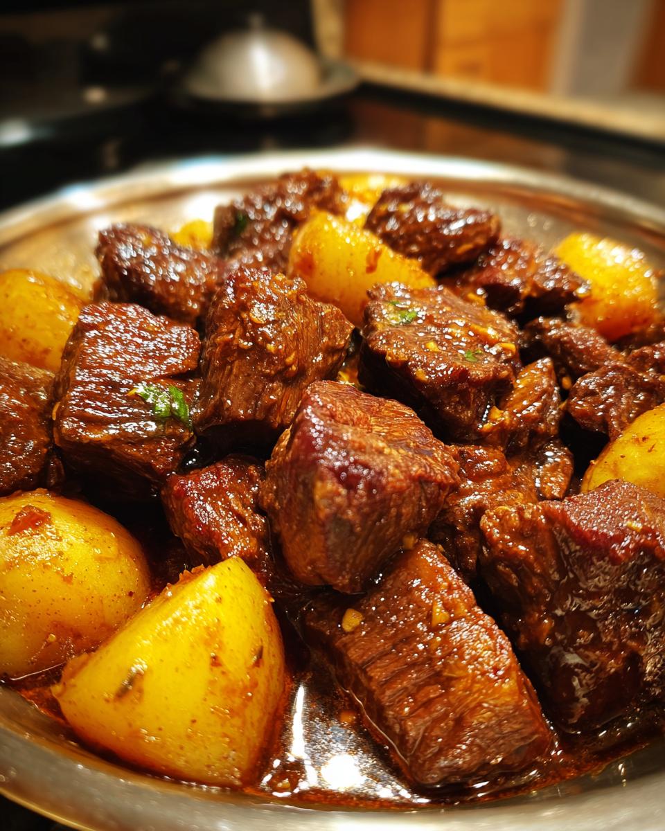 Close-up of tender crockpot garlic butter beef bites mixed with golden potato wedges in a rich sauce.