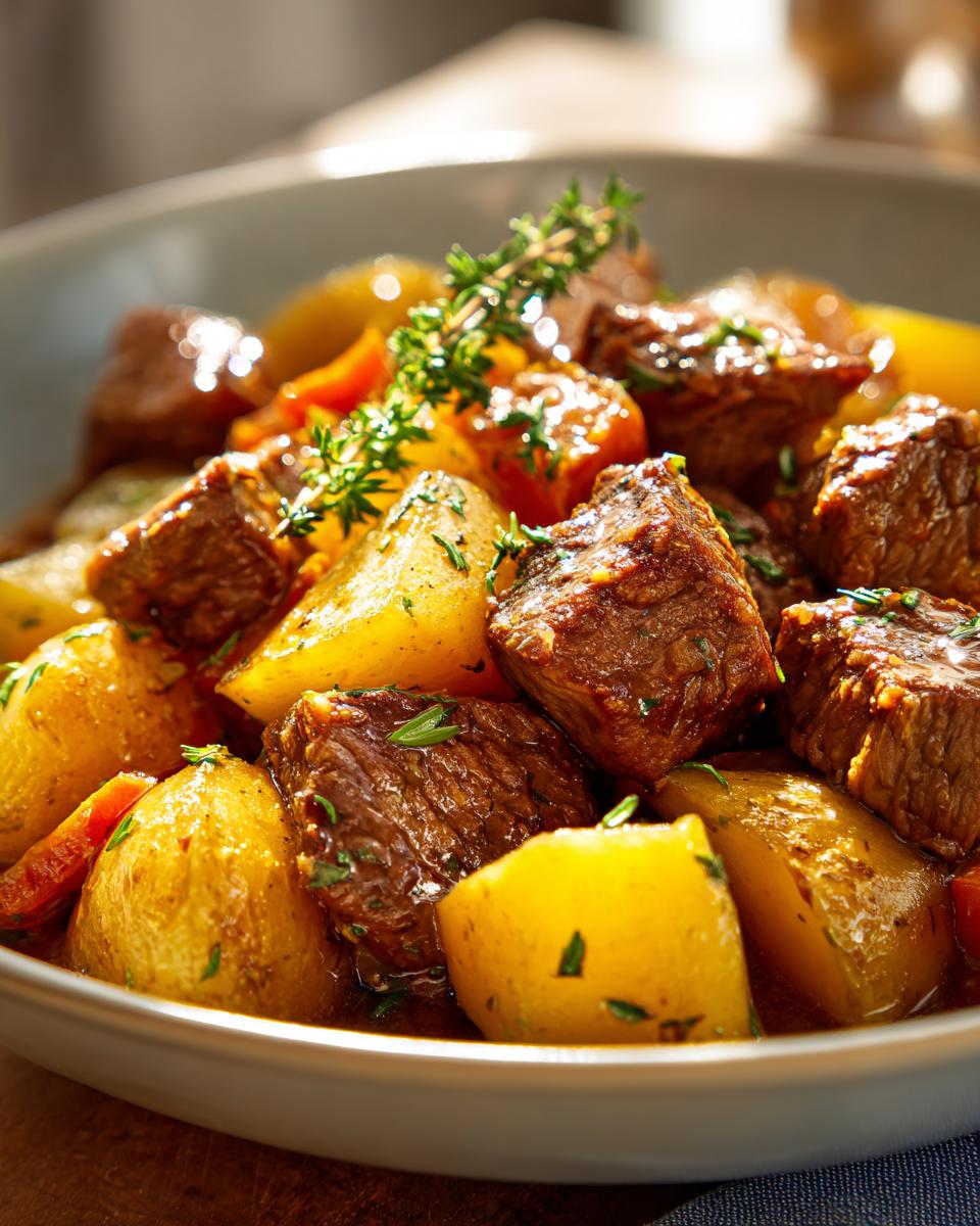 Close-up of tender Crockpot Garlic Butter Beef Bites with chunks of golden potatoes and herbs.