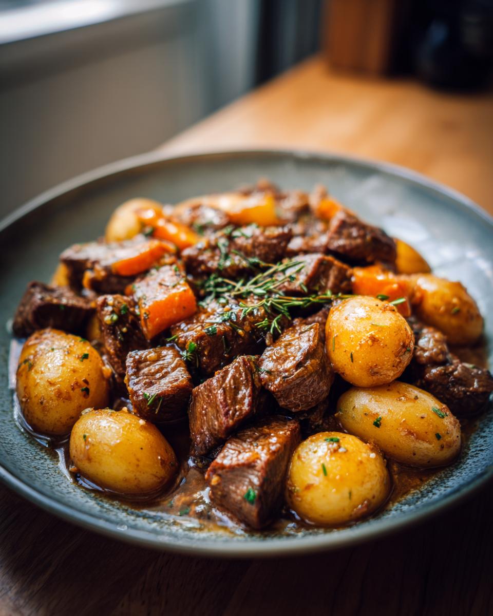 Close-up of Crockpot Garlic Butter Beef Bites with Potatoes, garnished with fresh herbs.