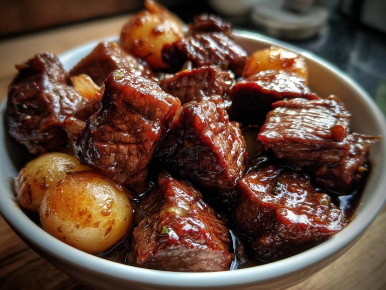 Close-up of tender Crockpot Garlic Butter Beef Bites with small potatoes in a white bowl.