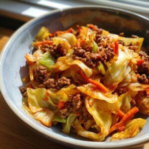 Close-up of a bowl filled with a savory Egg Roll in a Bowl, featuring tender cabbage, ground meat, and shredded carrots.