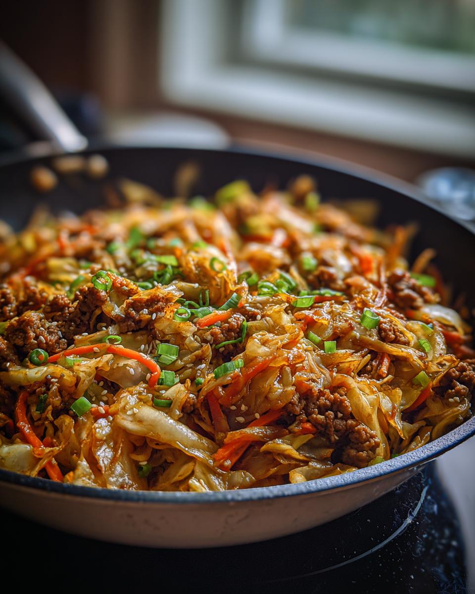 Close-up of a skillet filled with a savory Egg Roll in a Bowl, featuring ground meat, cabbage, carrots, and green onions.