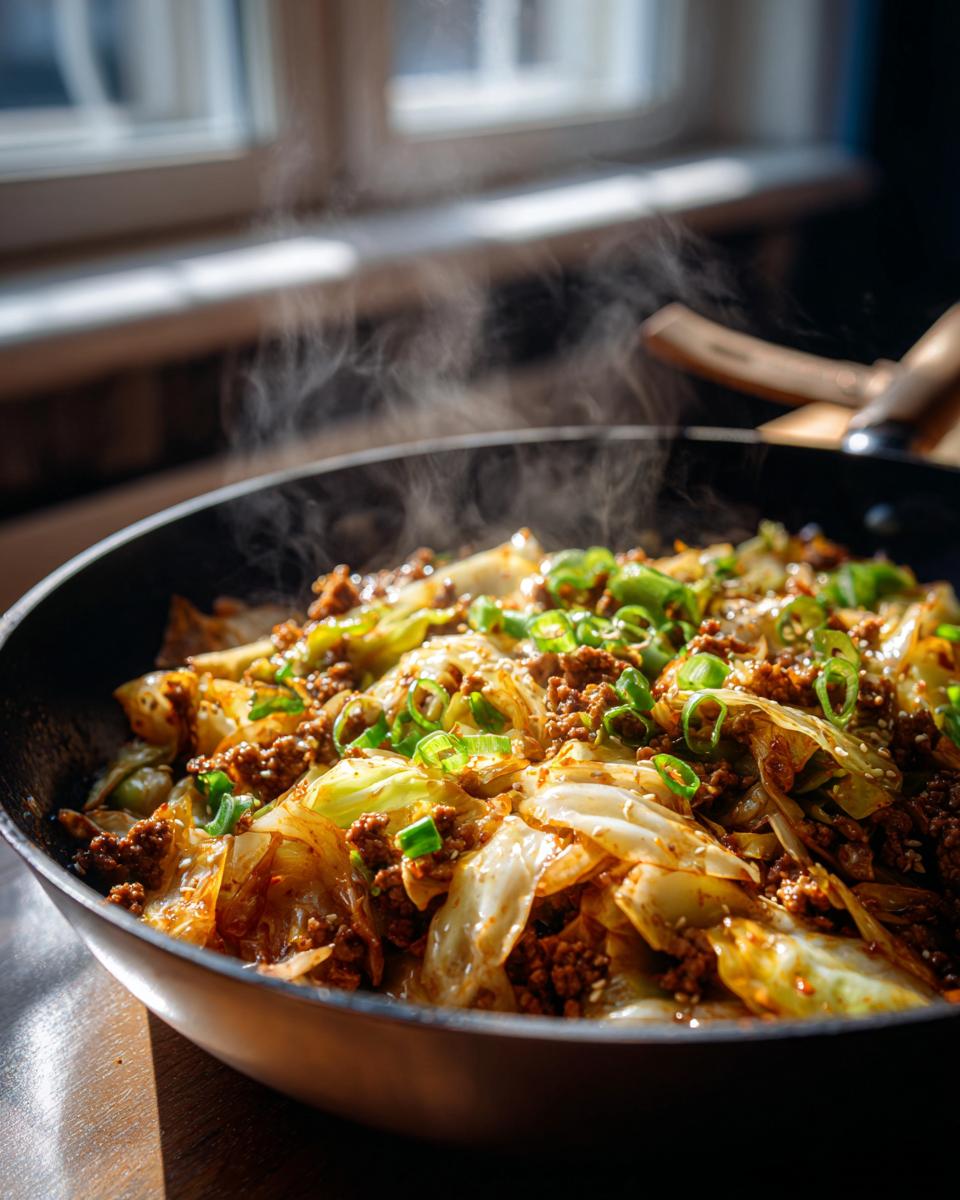Close-up of a steaming pan filled with a delicious Egg Roll in a Bowl, featuring tender cabbage and savory ground meat, garnished with green onions.