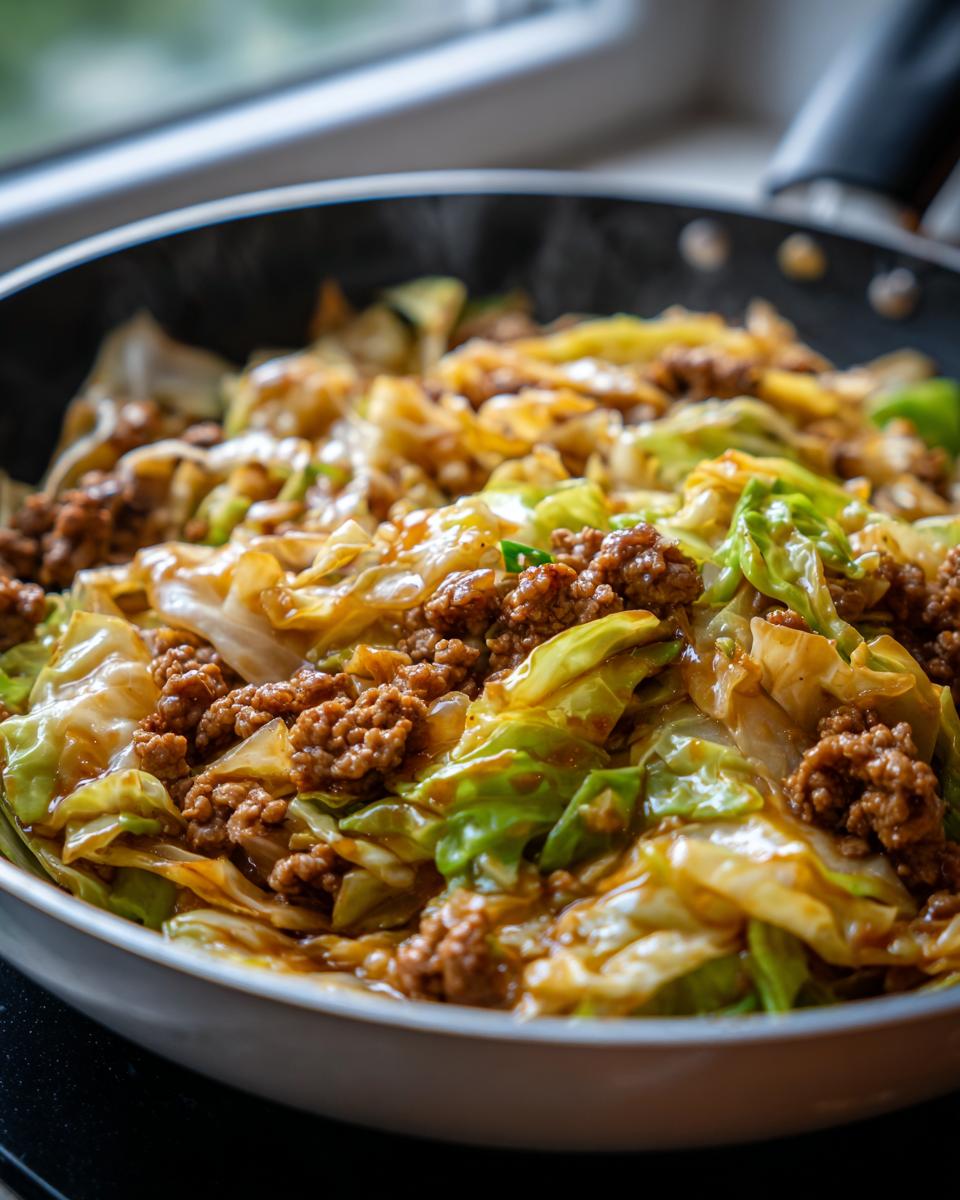 Close-up of a steaming skillet filled with a delicious Egg Roll in a Bowl, featuring ground meat and cabbage in a savory sauce.