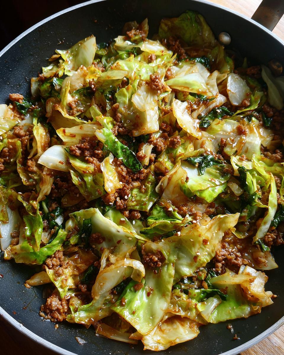 Close-up of a skillet filled with a savory Egg Roll in a Bowl, featuring ground meat and cabbage.