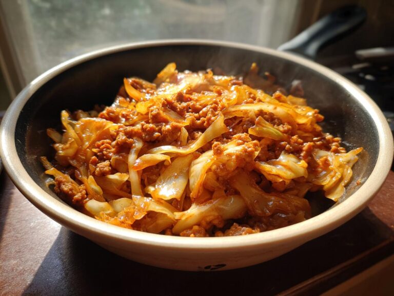 A close-up shot of a steaming bowl of Egg Roll in a Bowl, featuring tender cabbage and savory ground meat in a rich sauce.