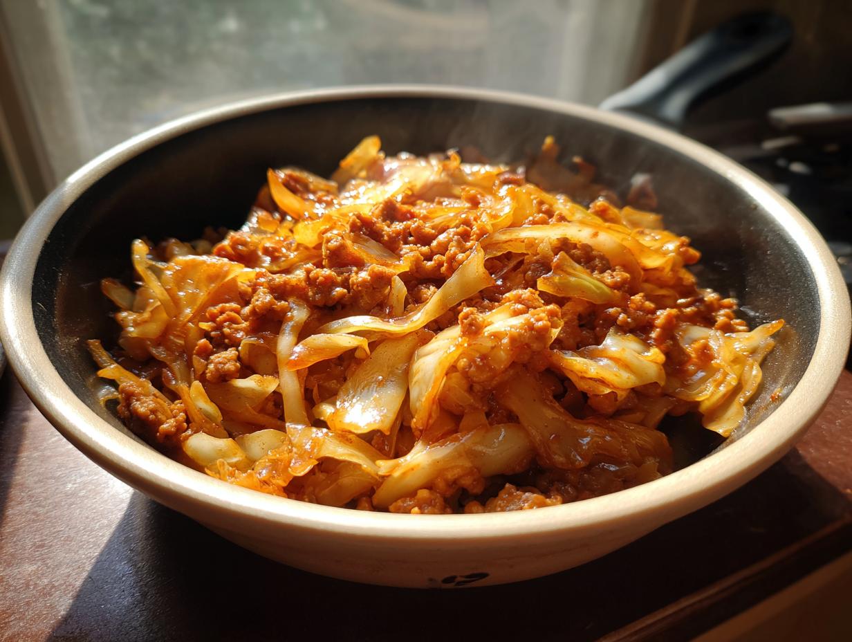 A close-up shot of a steaming bowl of Egg Roll in a Bowl, featuring tender cabbage and savory ground meat in a rich sauce.