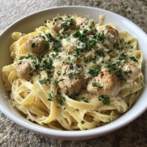 Close-up of a bowl filled with creamy garlic parmesan chicken pasta, topped with chopped parsley and grated cheese.