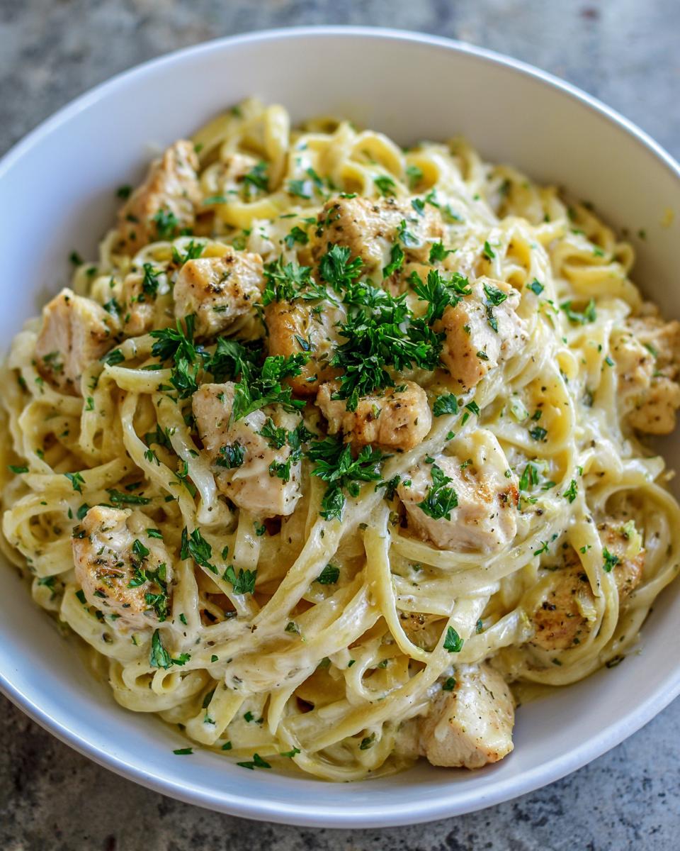 A close-up shot of a white bowl filled with creamy Garlic Parmesan Chicken Pasta, garnished with fresh parsley.