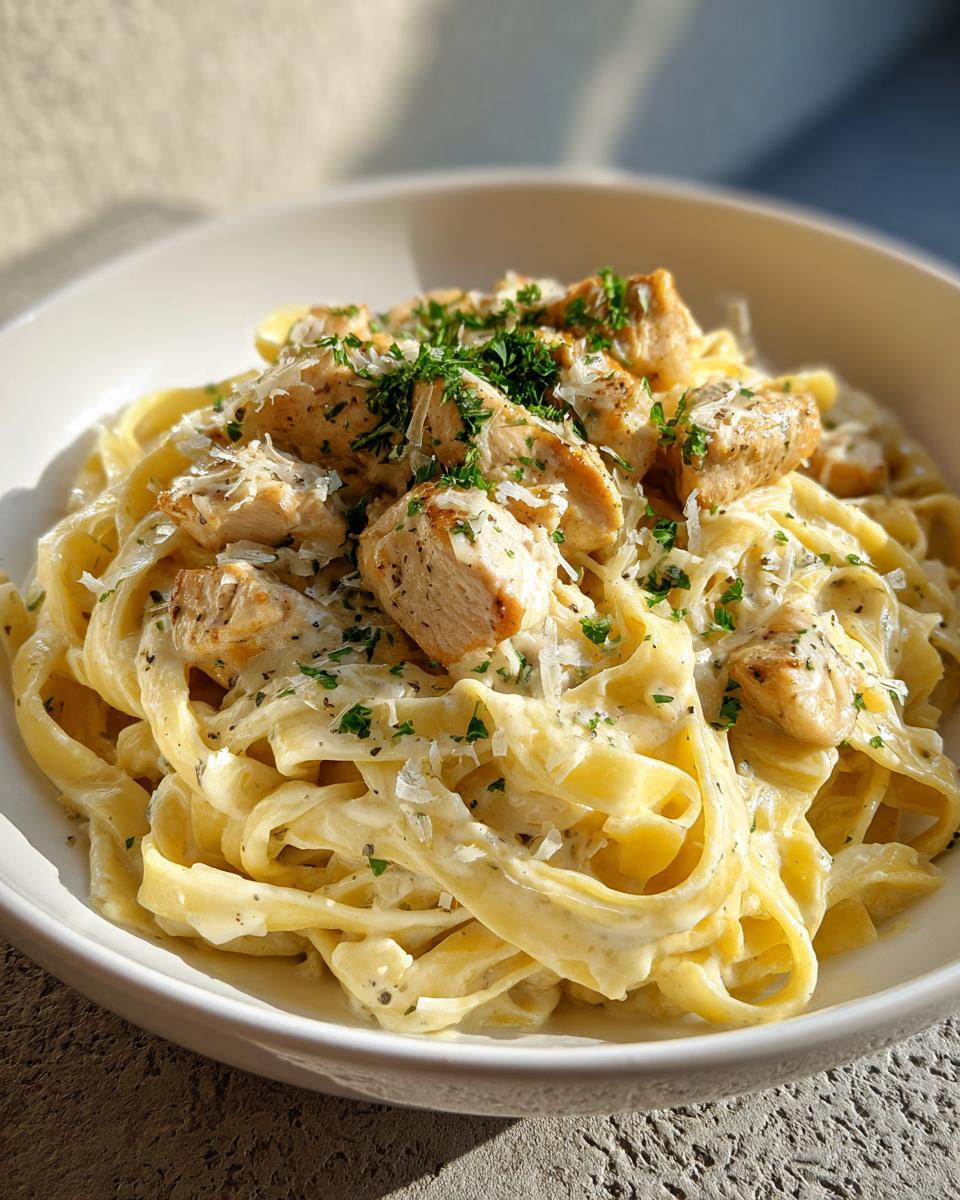 A close-up view of a bowl of Garlic Parmesan Chicken Pasta, topped with chopped chicken and herbs.