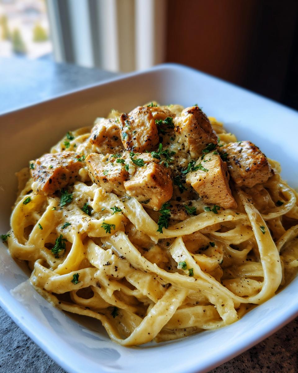 A close-up of delicious Garlic Parmesan Chicken Pasta served in a white bowl, topped with fresh parsley.