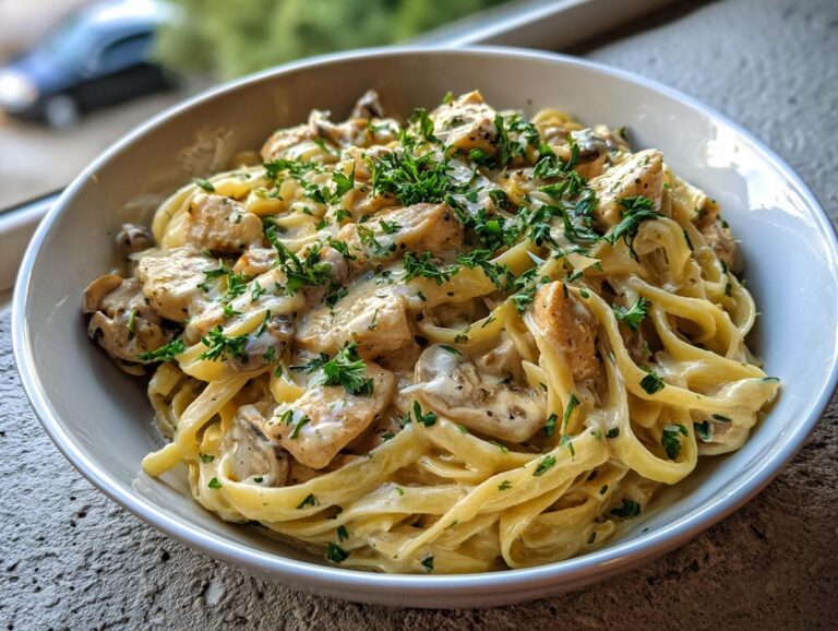 A close-up of a bowl filled with creamy Garlic Parmesan Chicken Pasta, garnished with fresh parsley.