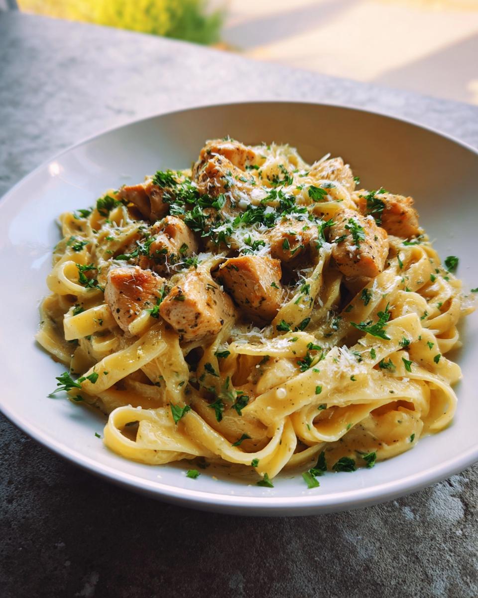A close-up of Garlic Parmesan Chicken Pasta topped with fresh parsley and grated Parmesan cheese.