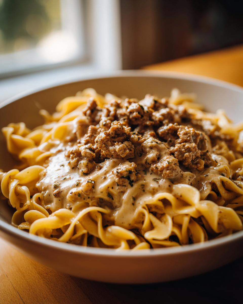 A close-up of a bowl of ground beef stroganoff served over wide egg noodles, with a creamy sauce and seasoned ground beef.
