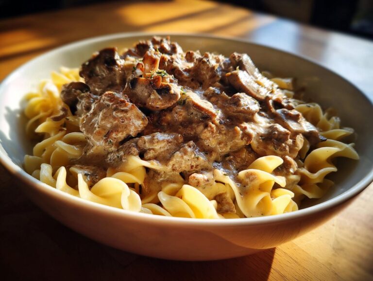 A close-up of a bowl of ground beef stroganoff served over wide egg noodles, with a creamy mushroom sauce.