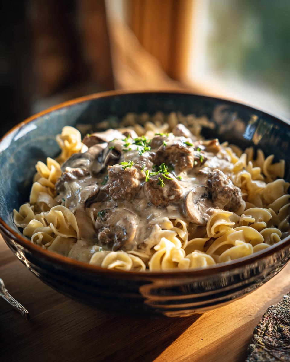 A close-up of a bowl of ground beef stroganoff served over egg noodles, garnished with fresh herbs.
