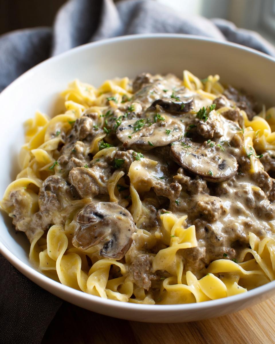 A close-up of a white bowl filled with ground beef stroganoff served over egg noodles, garnished with parsley.