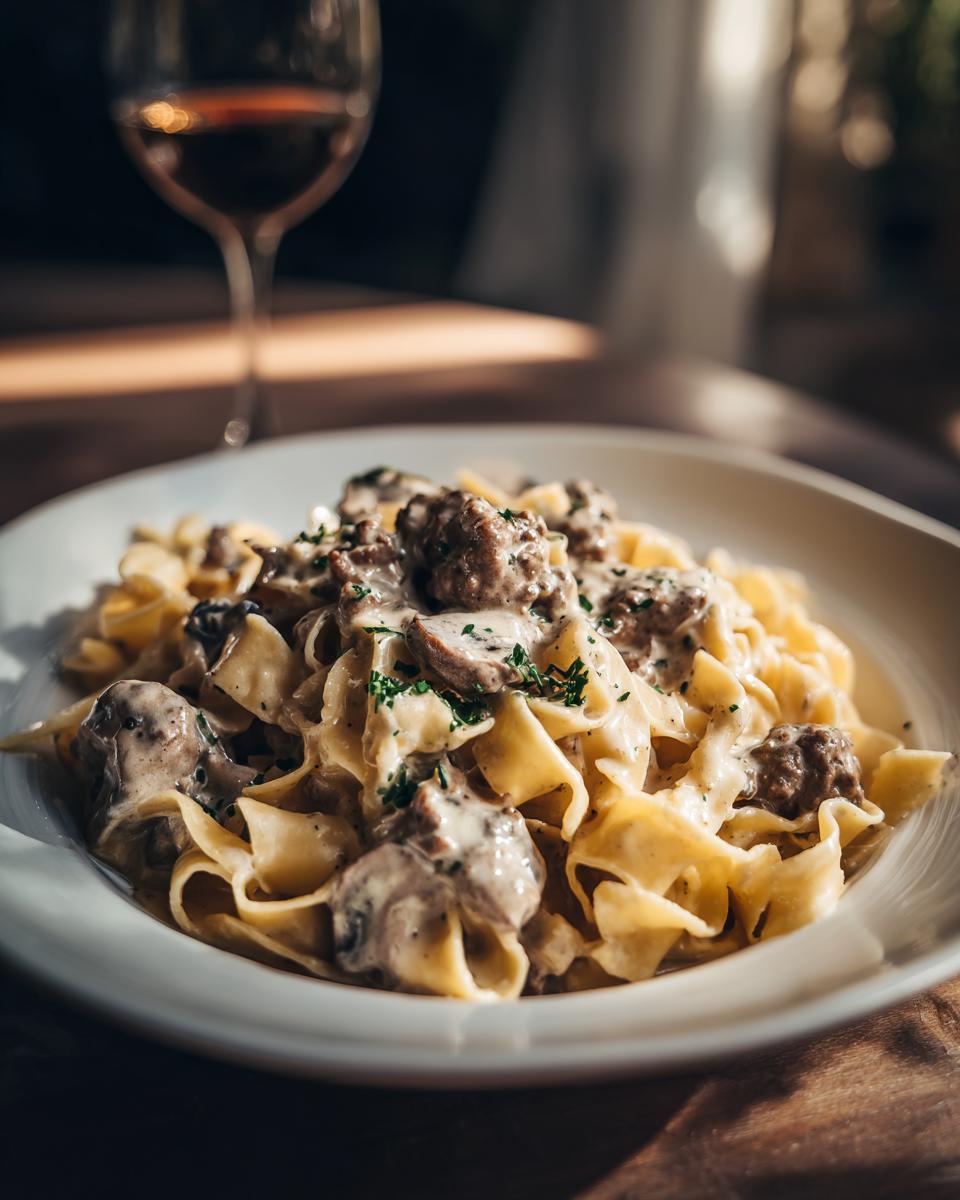A close-up of a white bowl filled with ground beef stroganoff served over wide egg noodles, garnished with parsley.