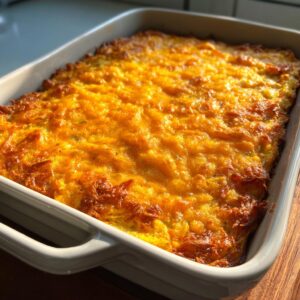A golden-brown, freshly baked hash brown egg casserole in a white baking dish, with melted cheese on top.