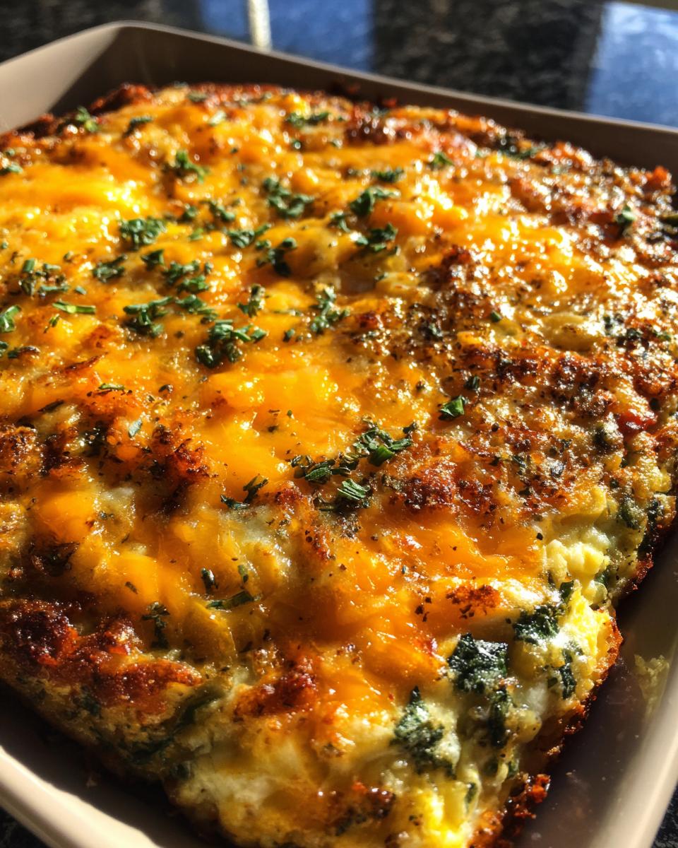 Close-up of a golden-brown hash brown egg casserole topped with melted cheddar cheese and sprinkled with fresh parsley.