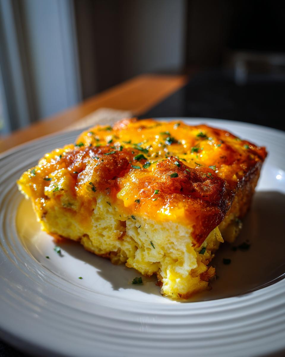 A close-up of a slice of hash brown egg casserole on a white plate, topped with melted cheese and herbs.
