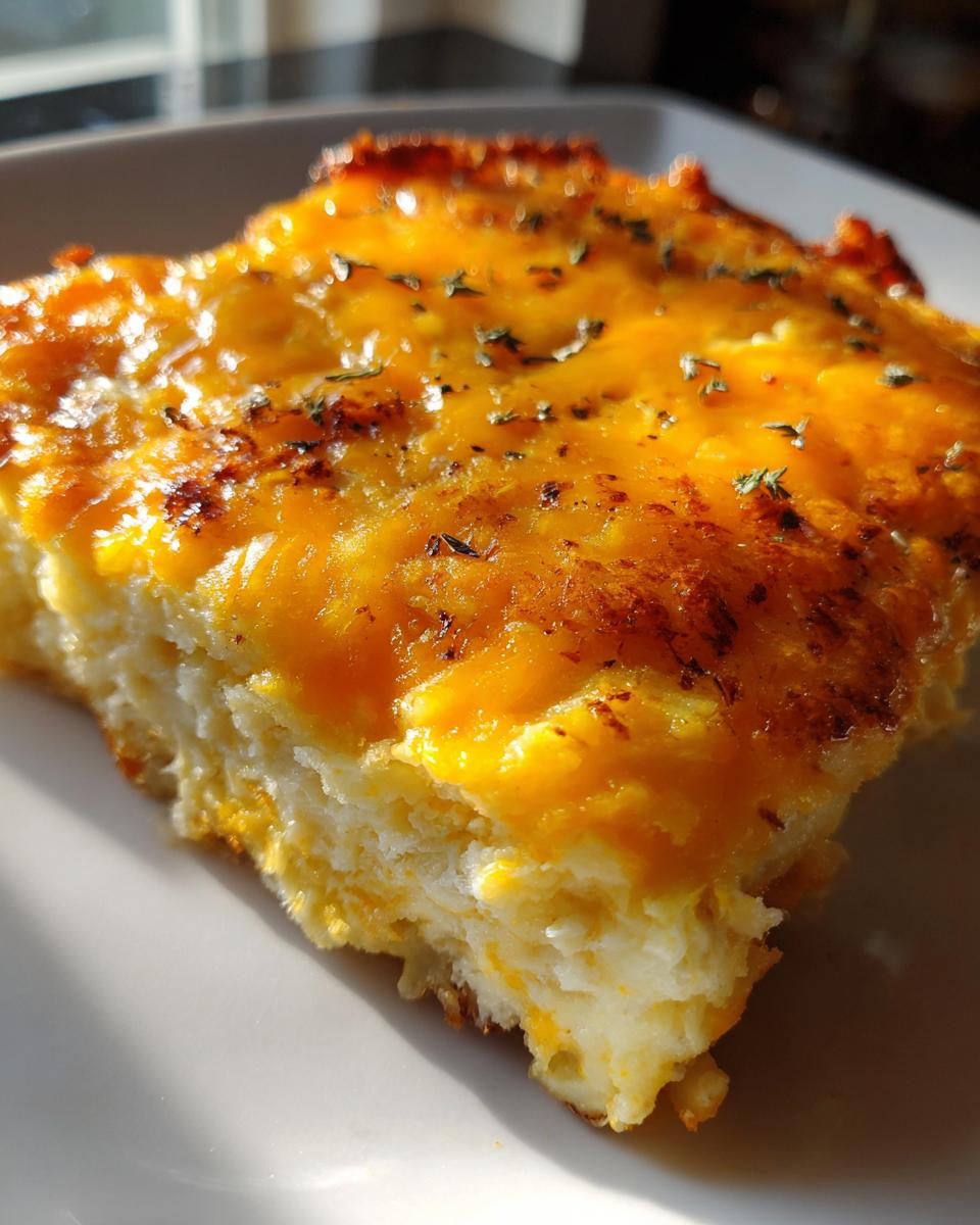 A close-up of a golden brown slice of hash brown egg casserole with melted cheese and herbs.