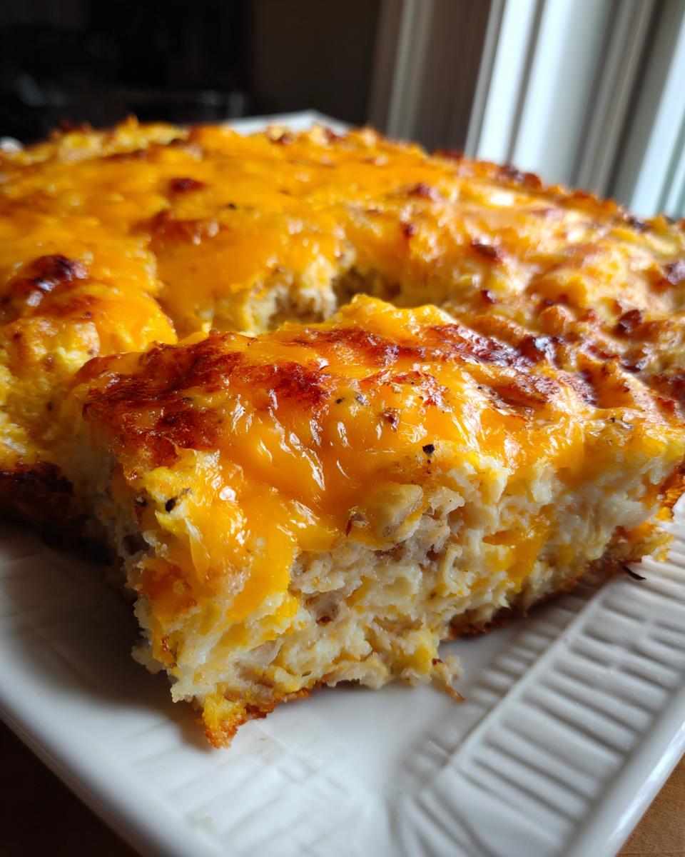 A close-up of a slice of golden brown hash brown egg casserole topped with melted cheese.