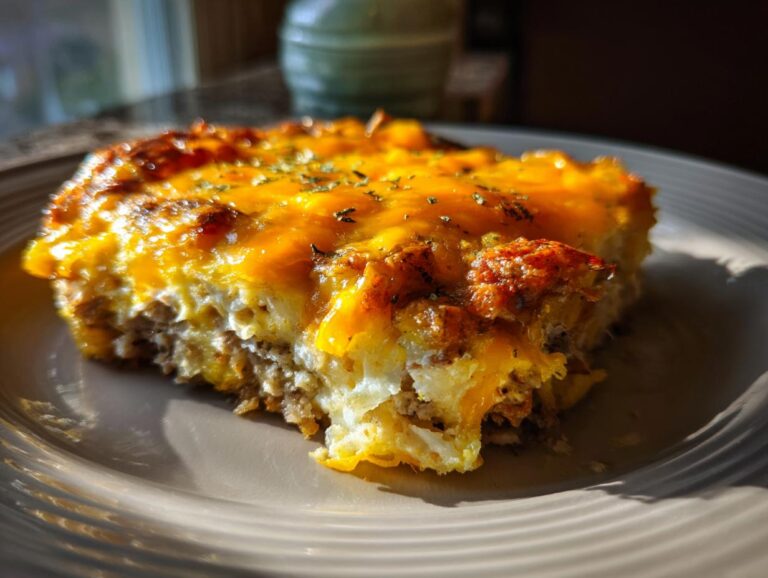 A close-up of a hearty slice of hash brown egg casserole, topped with melted cheddar cheese and sprinkled with herbs.
