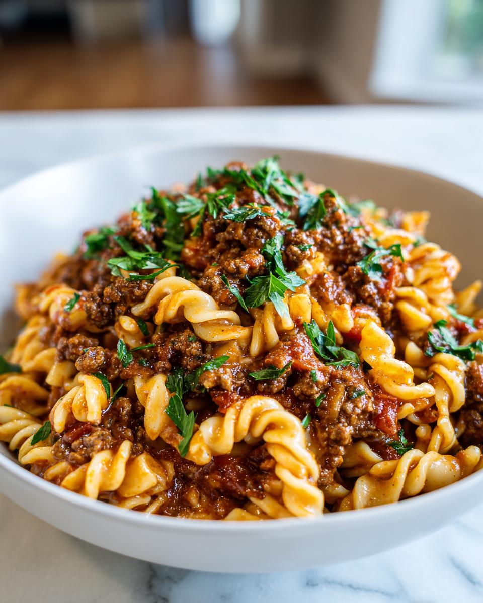 A bowl of high protein creamy beef pasta, topped with fresh parsley.