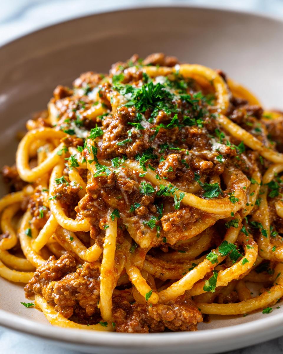 A close-up shot of a bowl of high protein creamy beef pasta, garnished with fresh parsley.