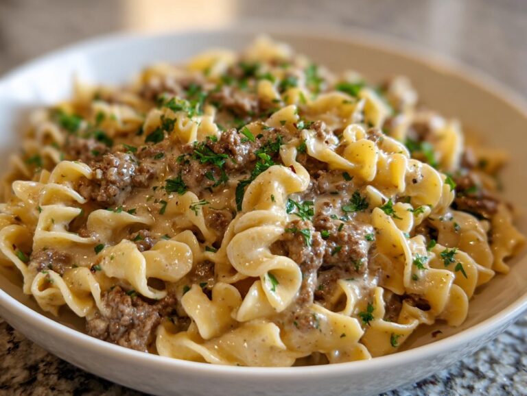 A close-up of a bowl filled with high protein creamy beef pasta, garnished with fresh parsley.