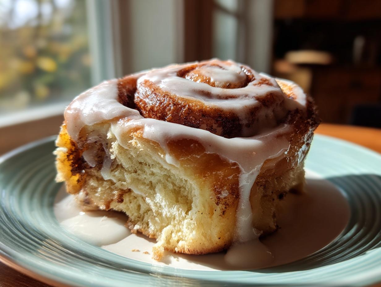 Close-up of a fluffy homemade cinnamon roll with a thick white glaze, on a light green plate.