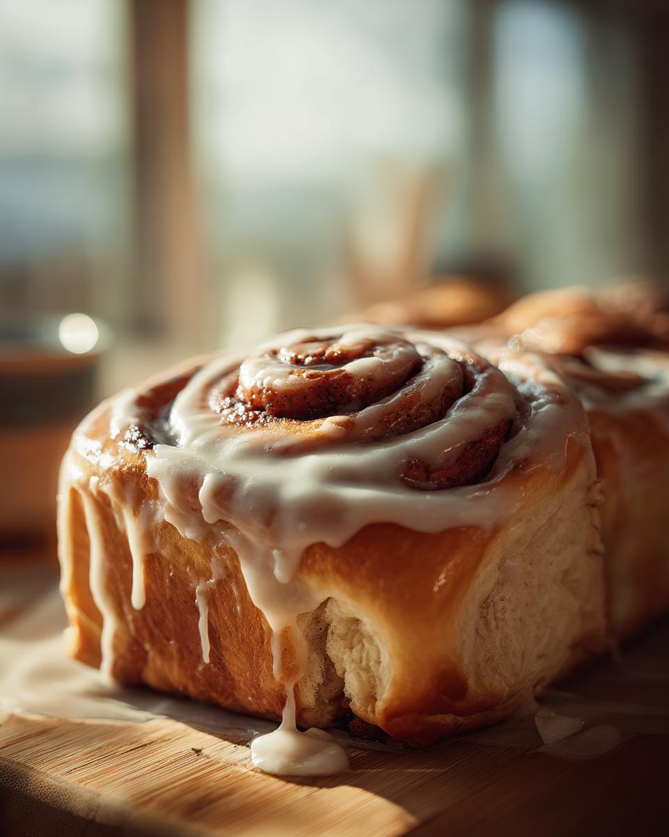 Close-up of a fluffy homemade cinnamon roll with gooey white glaze dripping down its sides.