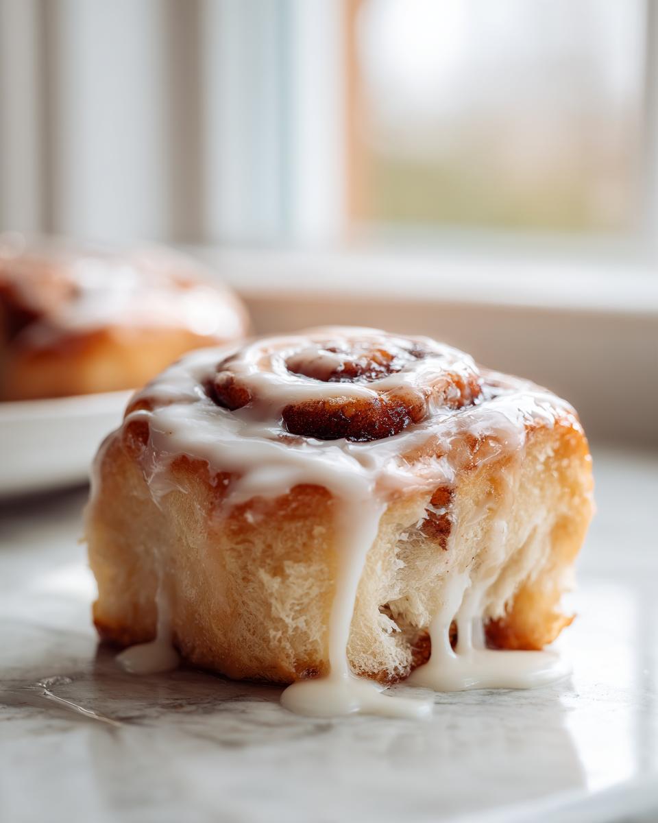 Close-up of a fluffy homemade cinnamon roll generously topped with white icing.