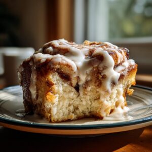 Close-up of a fluffy homemade cinnamon roll topped with creamy white glaze, showing swirls of cinnamon.