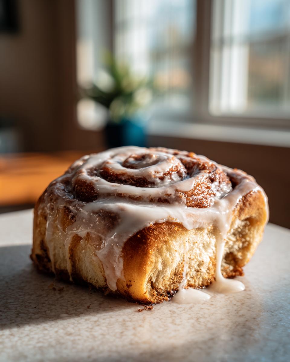 Close-up of a single, freshly baked homemade cinnamon roll drizzled with creamy white glaze.
