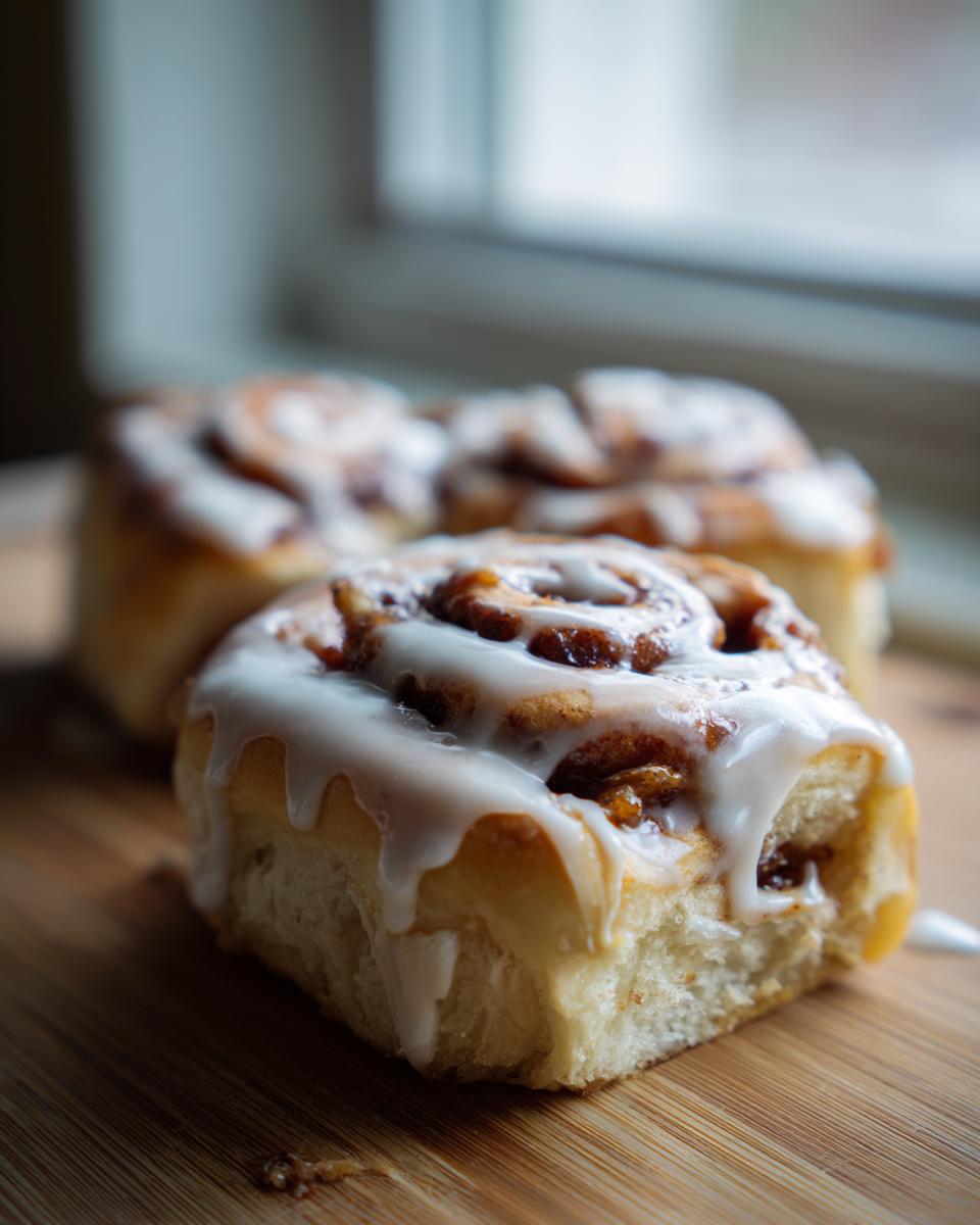 Close-up of three fluffy homemade cinnamon rolls drizzled with white icing on a wooden board.
