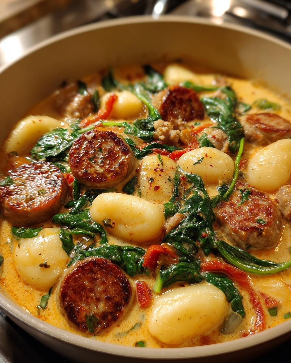 Close-up of a bowl of Italian sausage gnocchi soup, featuring tender gnocchi, sliced Italian sausage, and wilted spinach in a creamy broth.