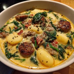 A close-up of a bowl of creamy Italian sausage gnocchi soup with spinach and herbs.