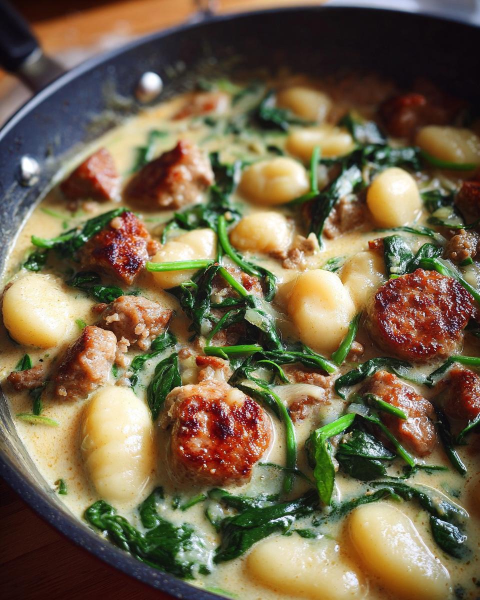 Close-up of a creamy Italian sausage gnocchi soup in a pan, featuring tender gnocchi, savory sausage, and fresh spinach.