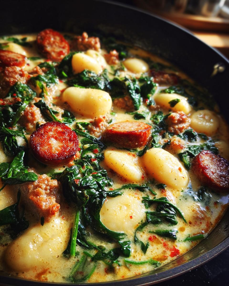 Close-up of Italian sausage gnocchi soup with spinach and creamy broth in a black pan.