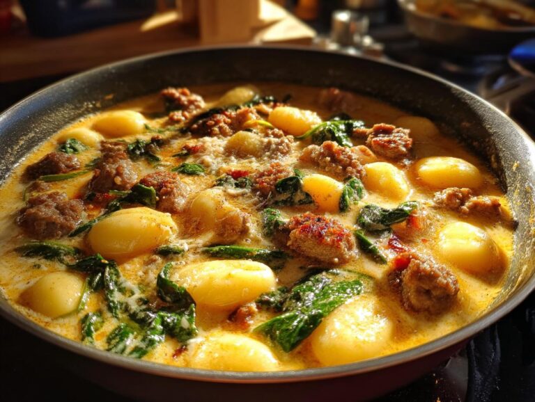 Close-up of Italian sausage gnocchi soup in a pan, featuring tender gnocchi, crumbled Italian sausage, and wilted spinach in a creamy broth.