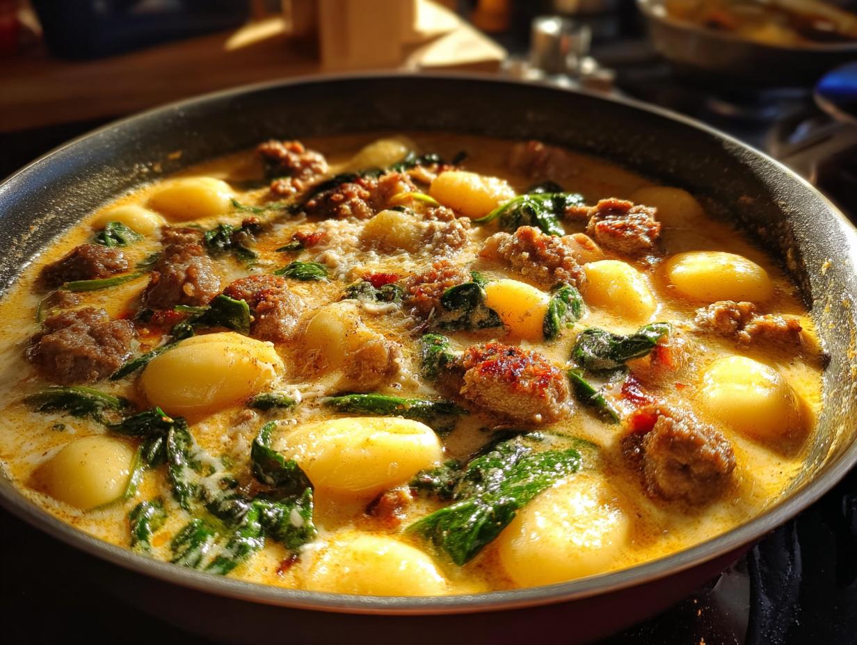 Close-up of Italian sausage gnocchi soup in a pan, featuring tender gnocchi, crumbled Italian sausage, and wilted spinach in a creamy broth.