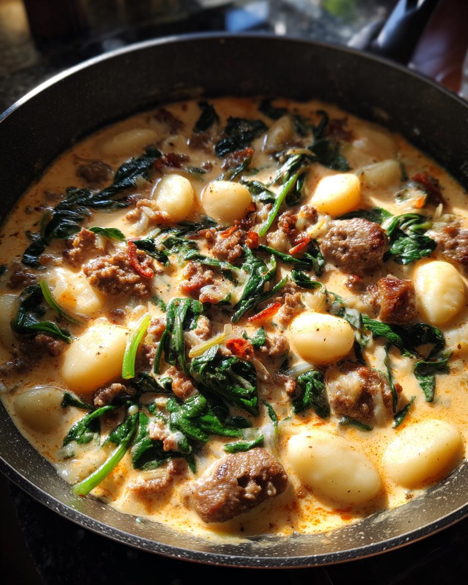 Close-up of a creamy Italian sausage gnocchi soup with spinach and sun-dried tomatoes in a skillet.