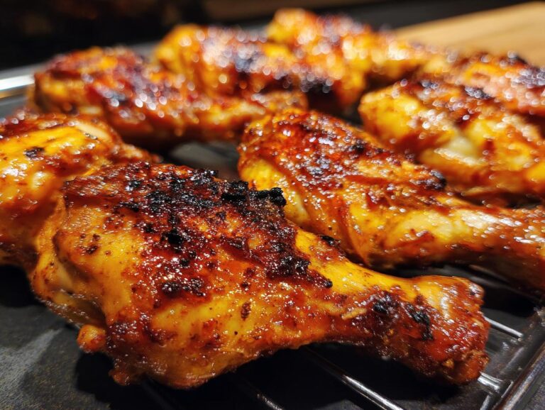 Close-up of perfectly cooked oven baked chicken drumsticks with crispy, glazed skin.