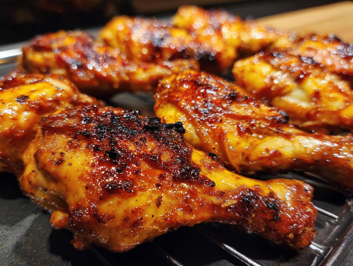 Close-up of perfectly cooked oven baked chicken drumsticks with crispy, glazed skin.