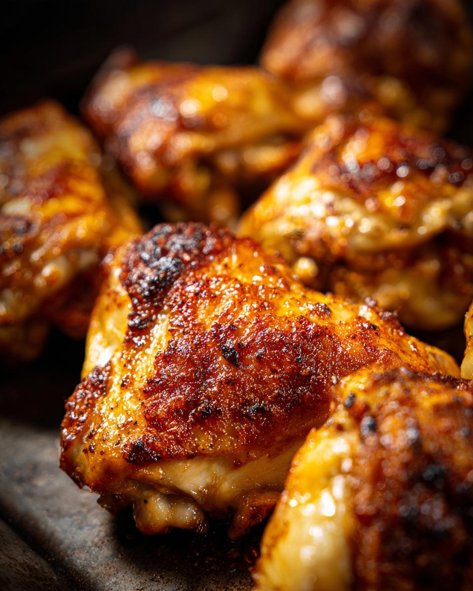 Close-up of perfectly cooked oven baked chicken pieces with crispy golden-brown skin.